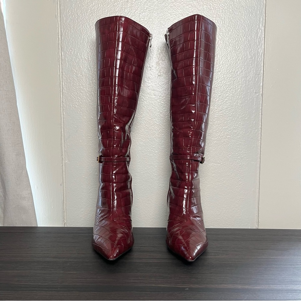 Burgundy Knee High Stiletto Boots Pointed Toe Gold Hardware Faux Leather